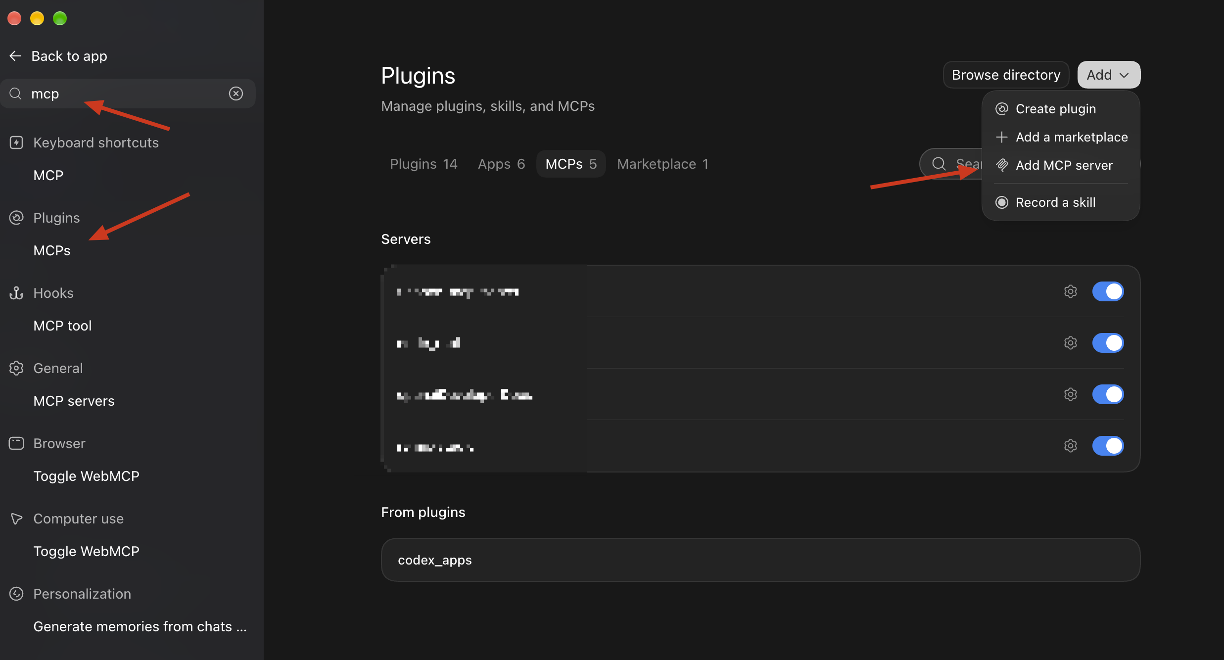 Codex settings showing the MCPs tab under Plugins and Add MCP server in the Add menu